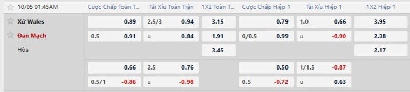 Bảng tỷ lệ kèo trận Wales vs Đan Mạch 